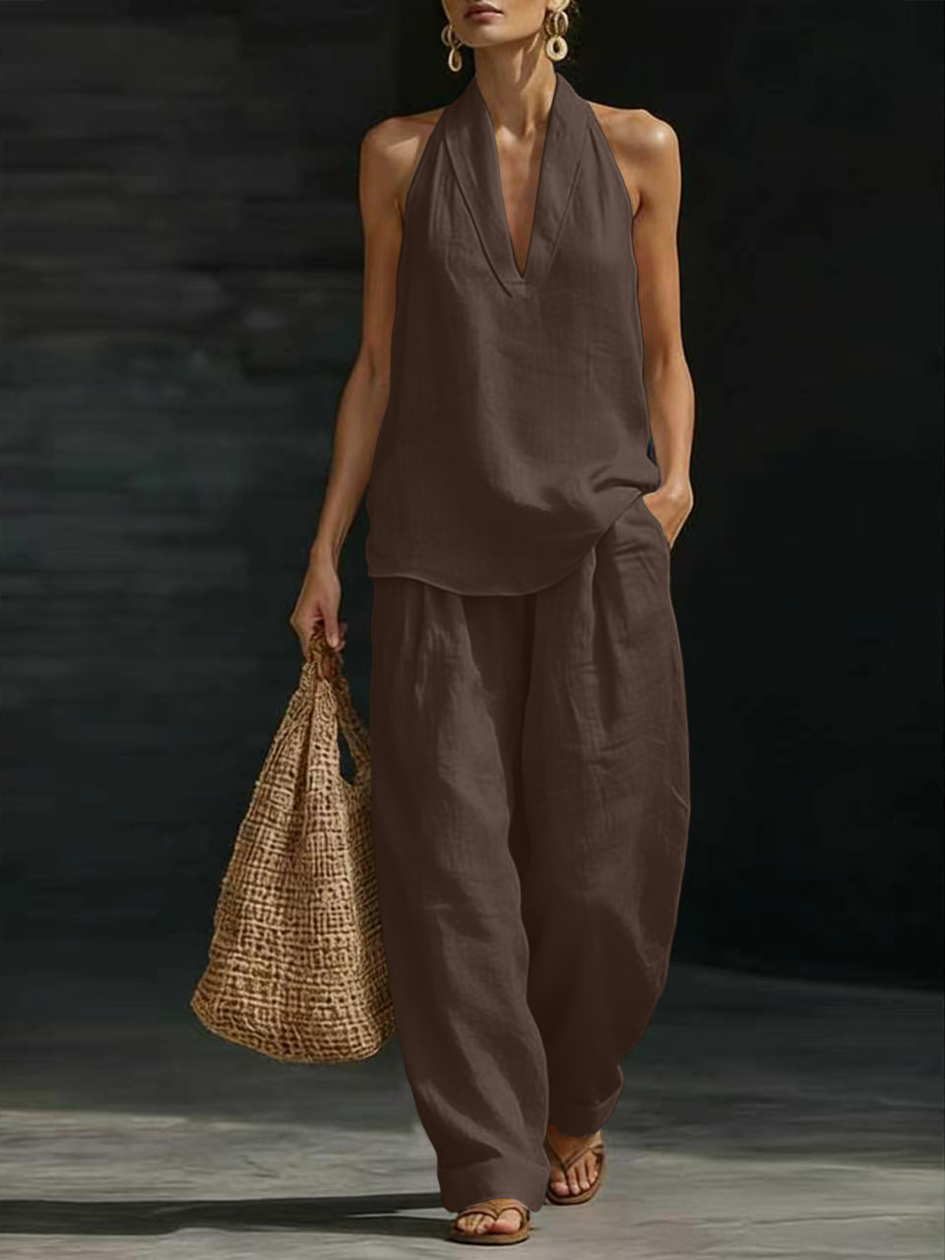Women Linen 2 Piece Outfit Hal - Linen Pant Wide recension och pris