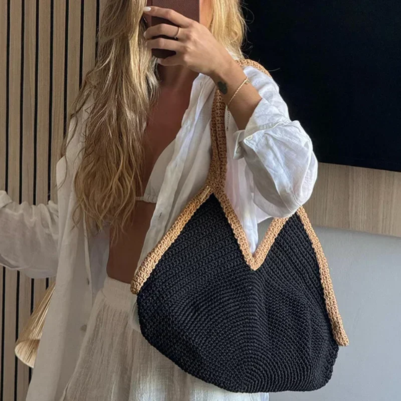 Colorblock Straw Woven Tote Ba - Crochet Bag Raffia recension och pris